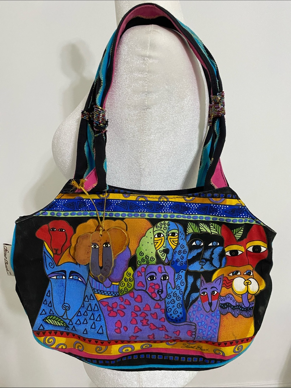 Laurel Burch Cat and Dog Canvas Purse with Bead Trim